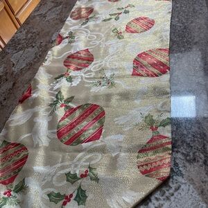 Festive Gold Christmas Table Runner with Red Ornament Motif